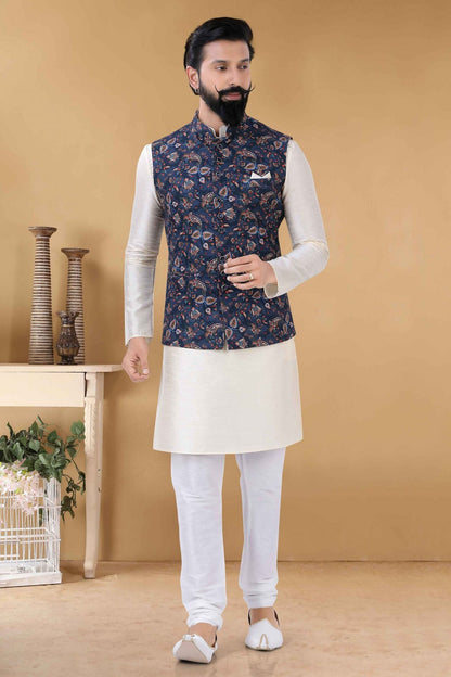 Blue Colour Cotton Kurta Pajama With Jacket VSKP1130089