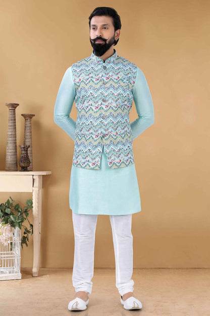 Blue Colour Cotton Kurta Pajama With Jacket VSKP1130095