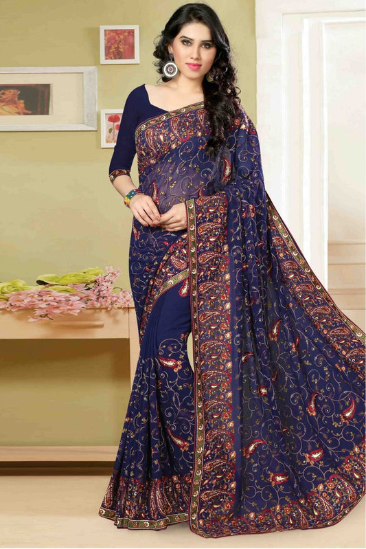 Blue Colour Georgette Embroidery Saree VSSD1120005