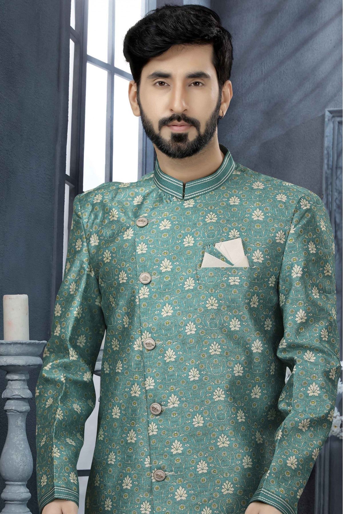 Blue Colour Jacquard Digital Print Sherwani VSSH1040333