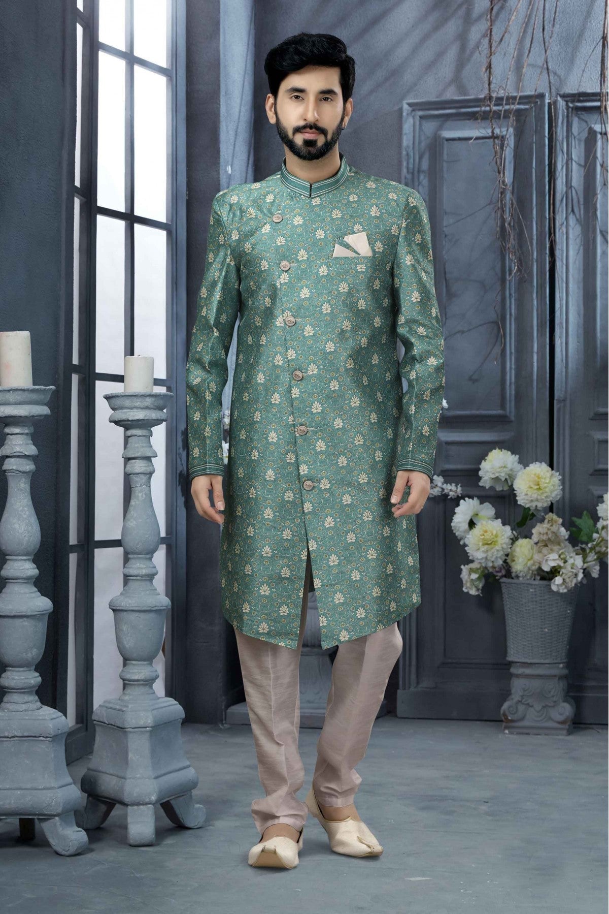 Blue Colour Jacquard Digital Print Sherwani VSSH1040333