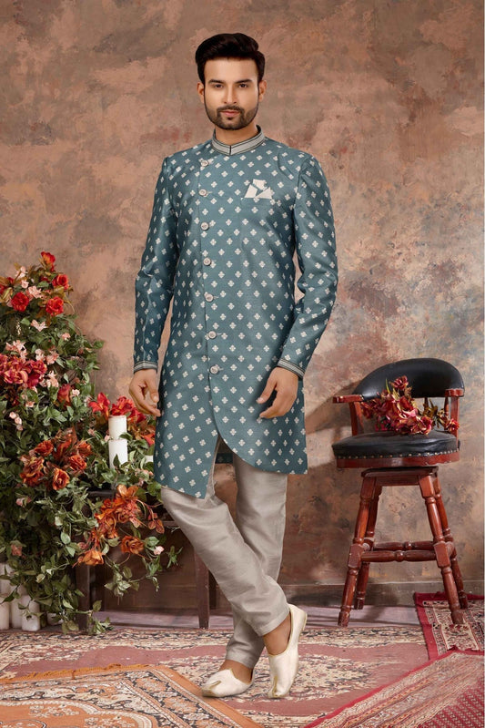Blue Colour Jacquard Digital Print Sherwani VSSH1040342