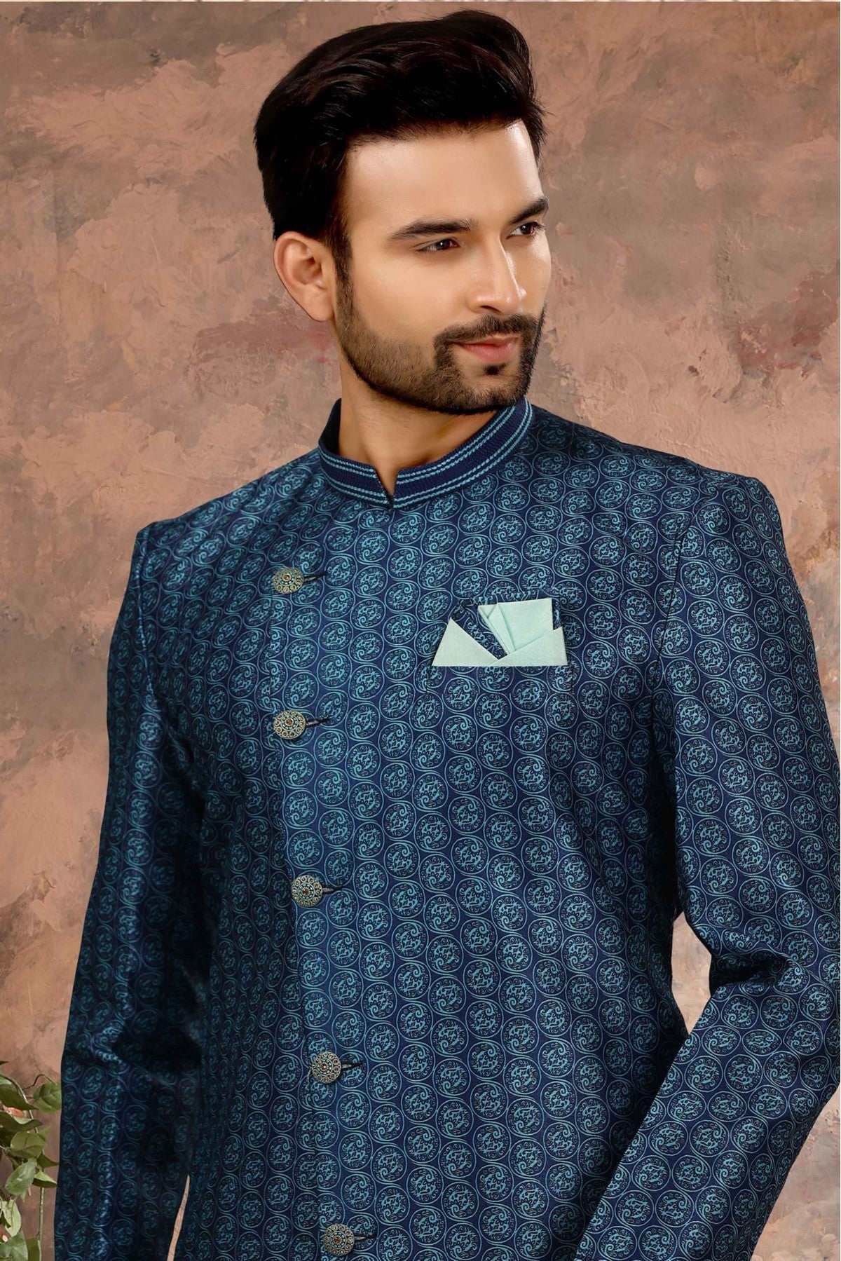 Blue Colour Jacquard Digital Print Sherwani VSSH1040344