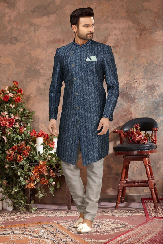 Blue Colour Jacquard Digital Print Sherwani VSSH1040344