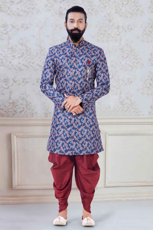 Blue Colour Jacquard Festival Wear Dhoti Sherwani VSSH1130005