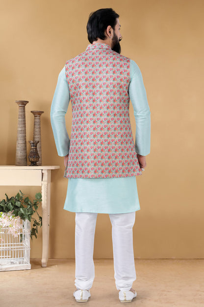 Blue Colour Jacquard Kurta Pajama With Jacket VSKP1130094