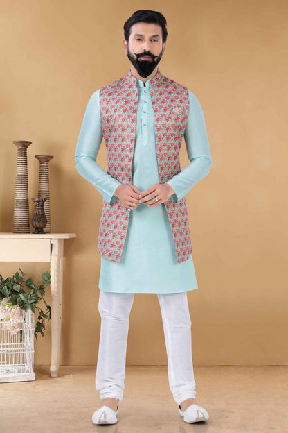 Blue Colour Jacquard Kurta Pajama With Jacket VSKP1130094