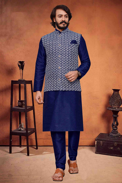 Blue Colour Kurta Pajama With Jacket In Art Silk VSKP1210288