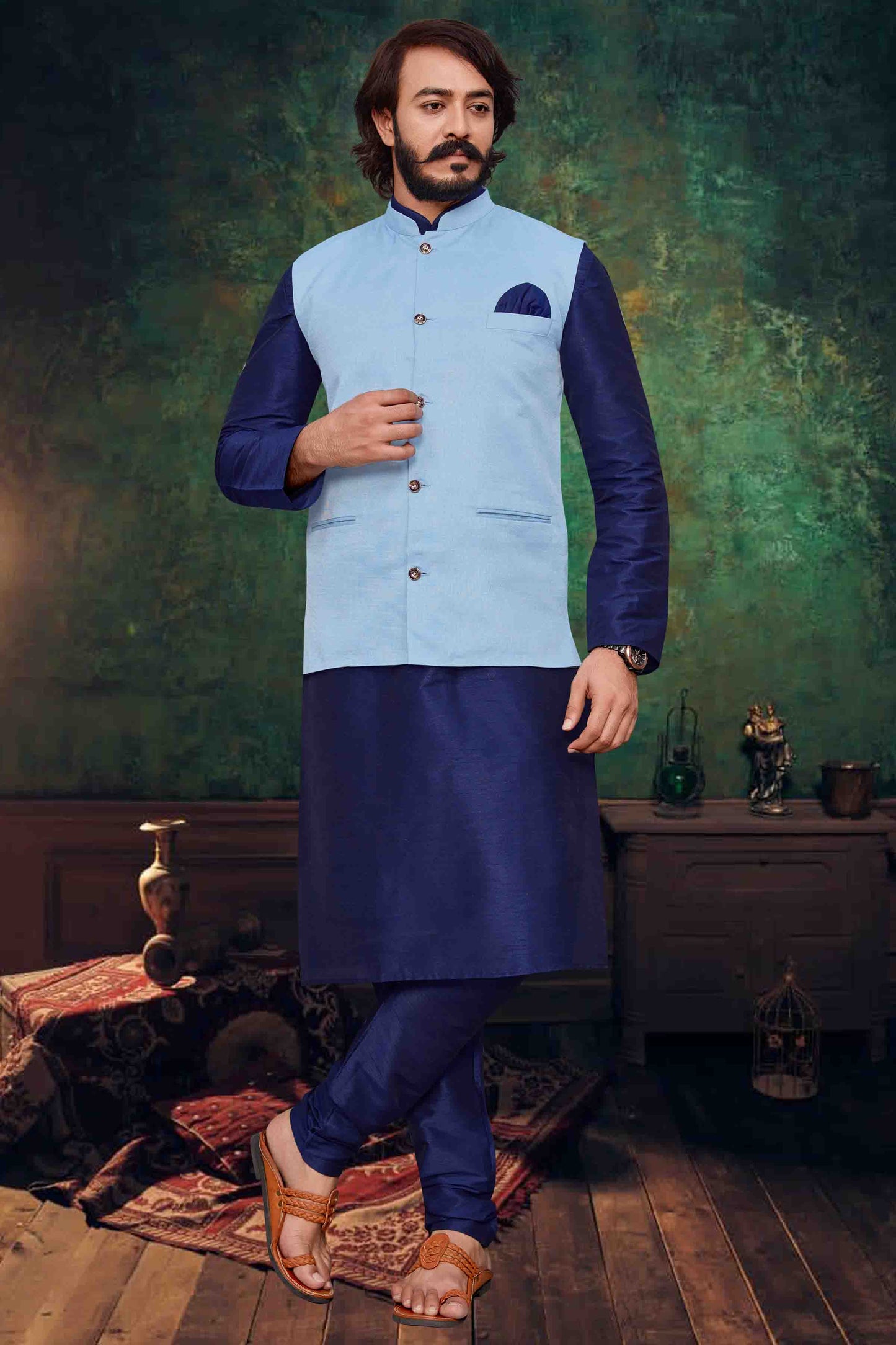 Blue Colour Kurta Pajama With Jacket In Art Silk VSKP1210295