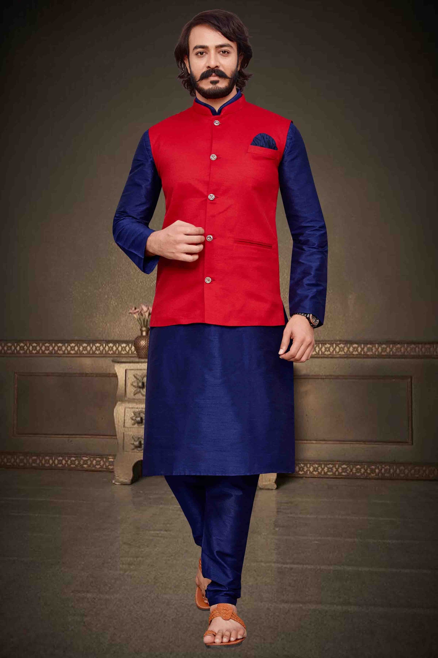 Blue Colour Kurta Pajama With Jacket In Art Silk VSKP1210296