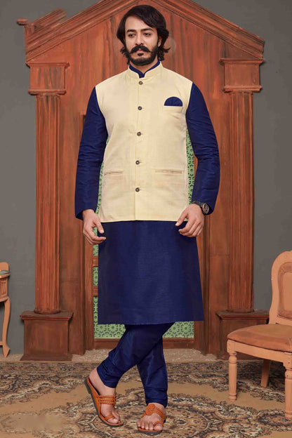 Blue Colour Kurta Pajama With Jacket In Art Silk VSKP1210299