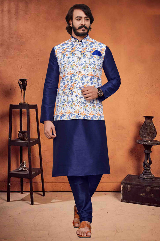 Blue Colour Kurta Pajama With Jacket In Art Silk VSKP1210306