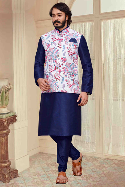 Blue Colour Kurta Pajama With Jacket In Art Silk VSKP1210307