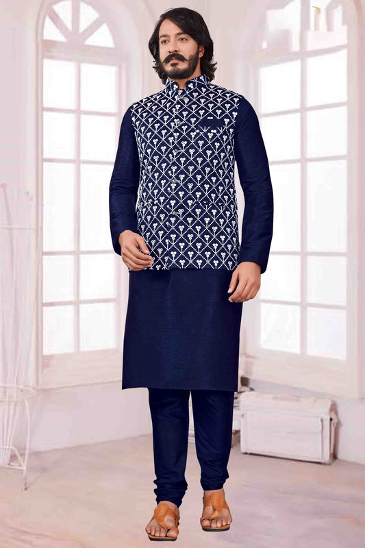 Blue Colour Kurta Pajama With Jacket In Art Silk VSKP1210369
