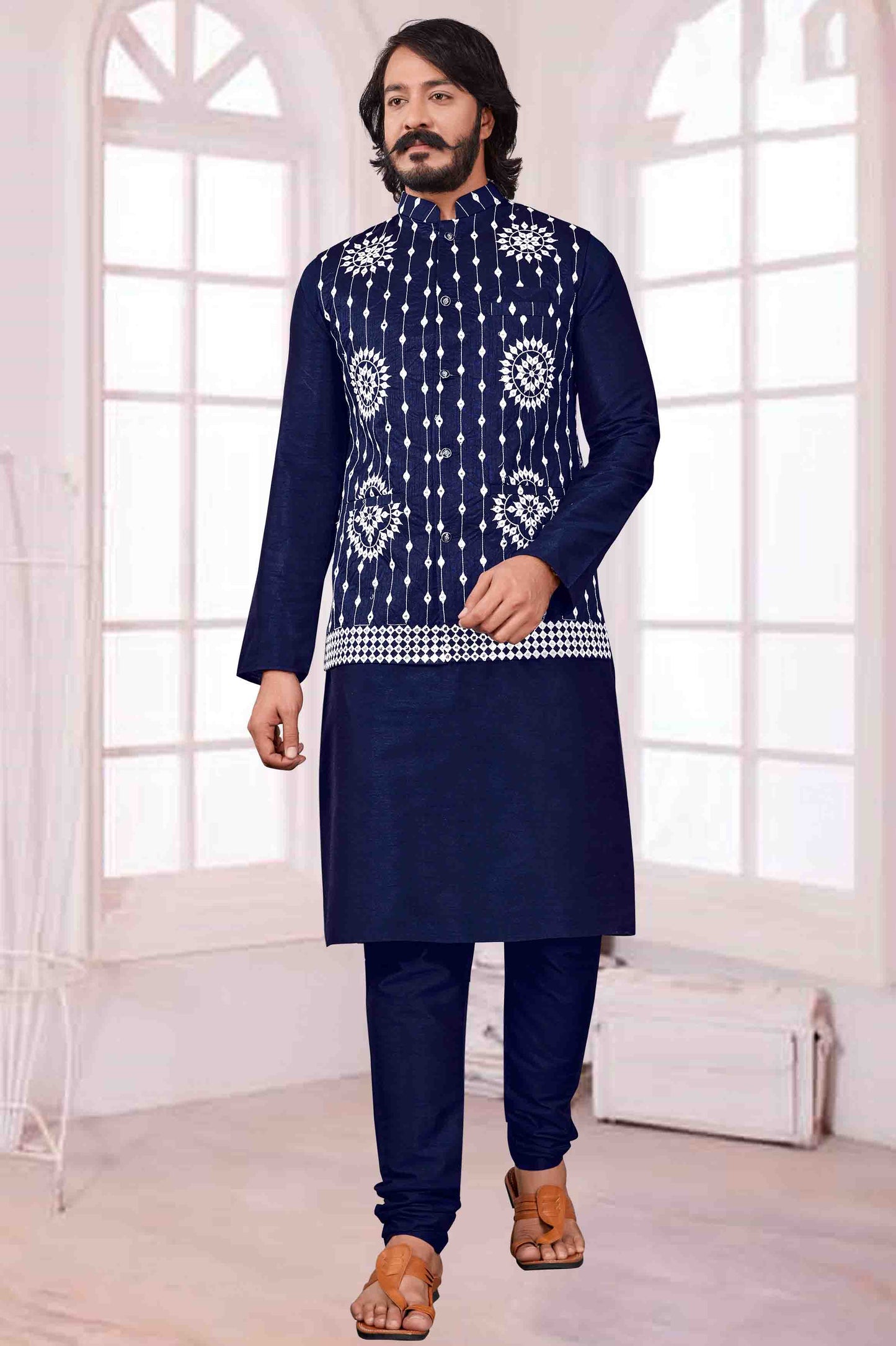 Blue Colour Kurta Pajama With Jacket In Art Silk VSKP1210381