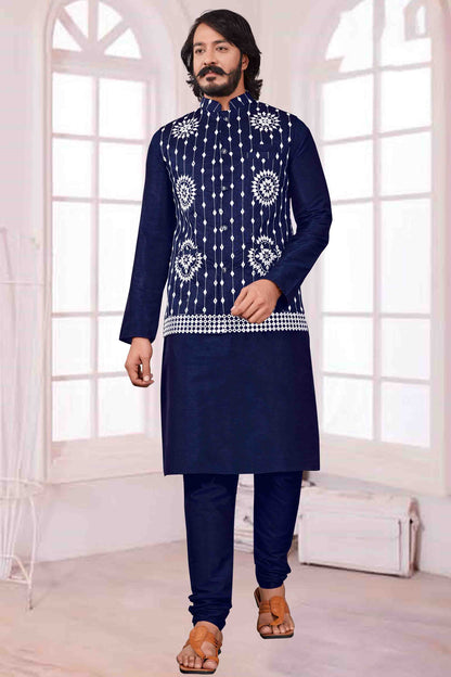 Blue Colour Kurta Pajama With Jacket In Art Silk VSKP1210381