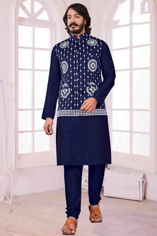 Blue Colour Kurta Pajama With Jacket In Art Silk VSKP1210381
