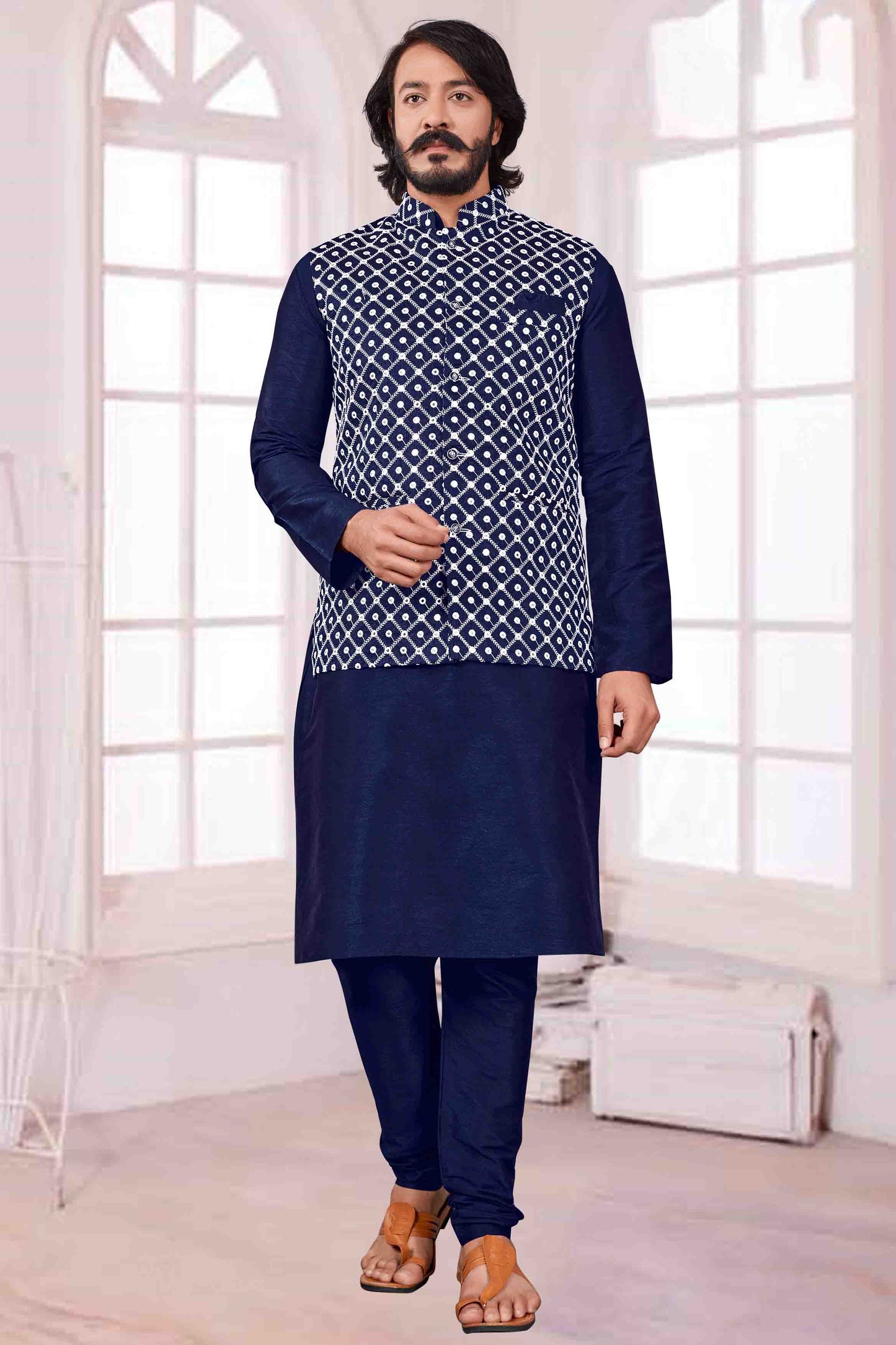 Blue Colour Kurta Pajama With Jacket In Art Silk VSKP1210401