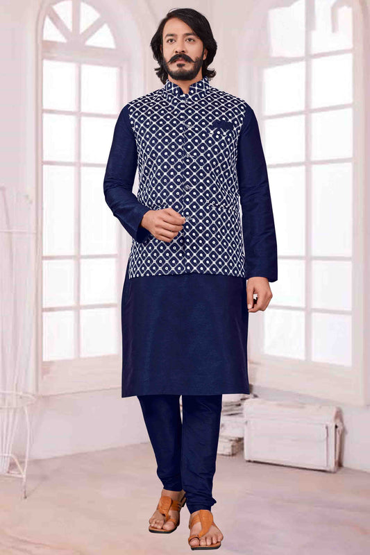Blue Colour Kurta Pajama With Jacket In Art Silk VSKP1210401
