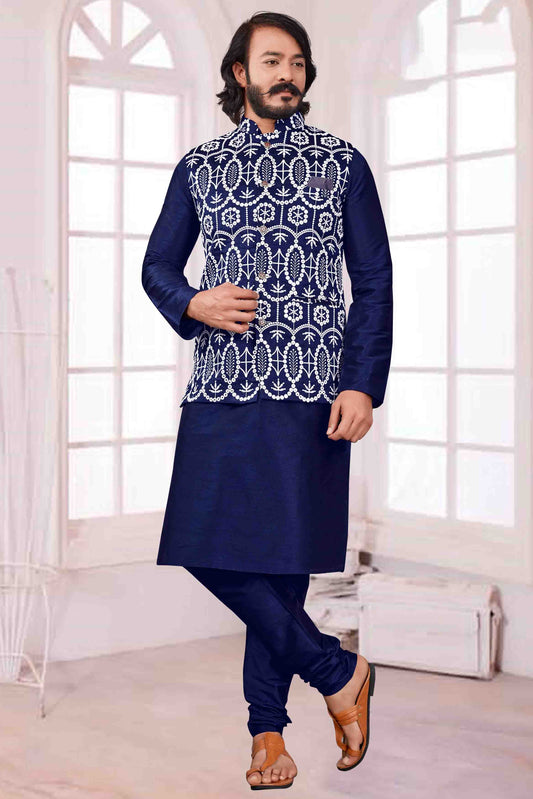 Blue Colour Kurta Pajama With Jacket In Art Silk VSKP1210427