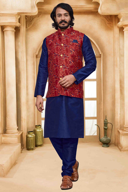 Blue Colour Kurta Pajama With Jacket In Art Silk VSKP1210479