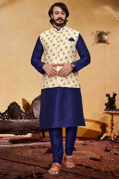 Blue Colour Kurta Pajama With Jacket In Fancy Silk VSKP1210348