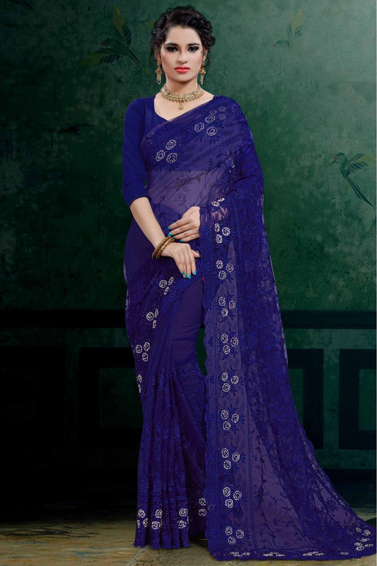 Blue Colour Net Embroidery Saree VSSD1090107