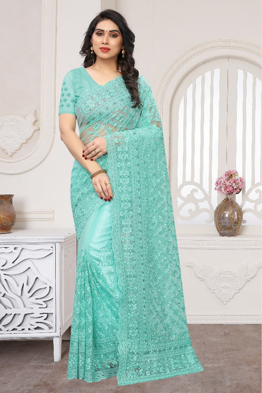 Blue Colour Net Embroidery Saree VSSD1090361