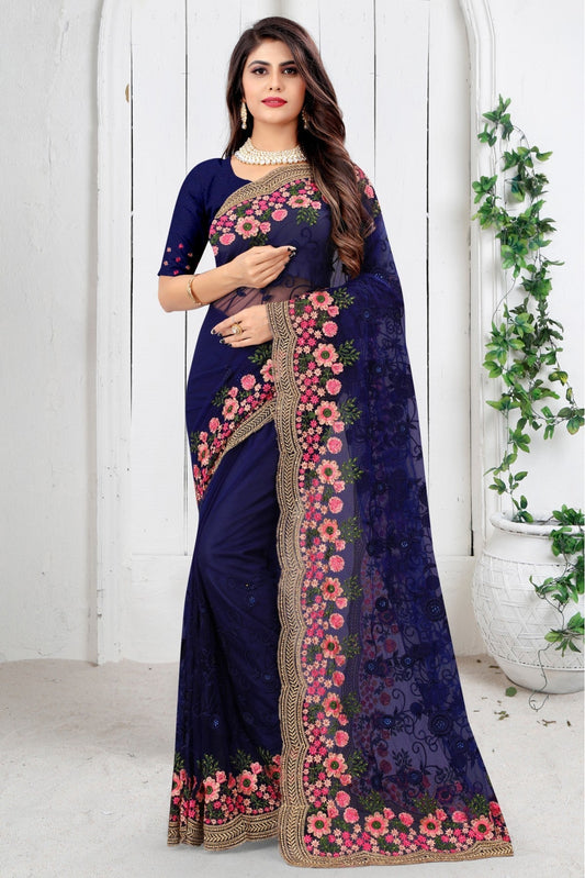 Blue Colour Net Embroidery Saree VSSD1090448