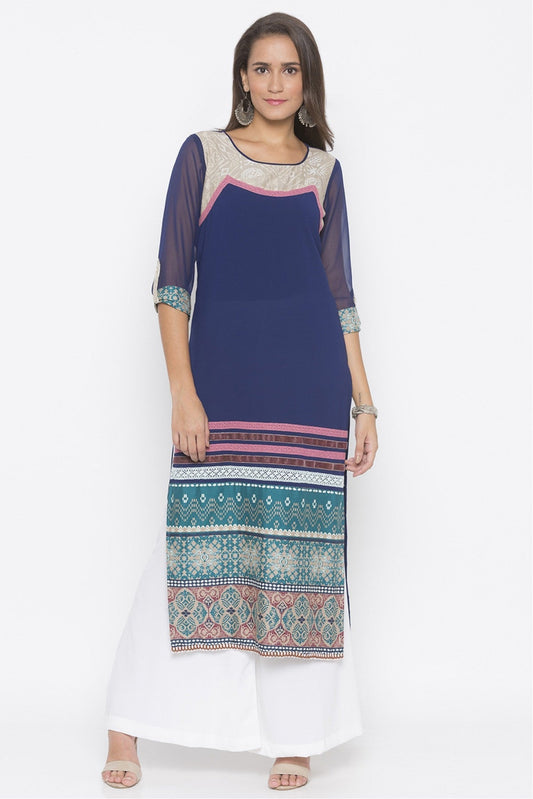 Blue Colour Plus Size American Crepe Embroidery Kurti