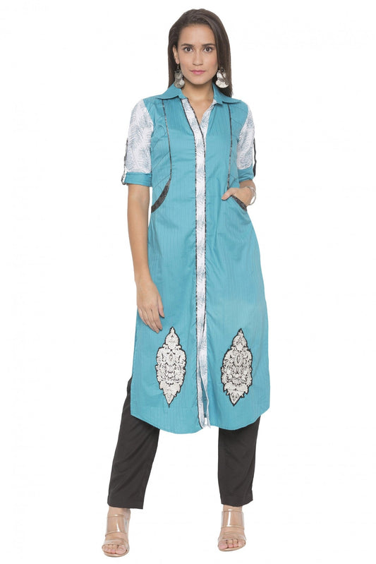 Blue Colour Plus Size Cotton Embroidery Kurta Set VSKR1070516