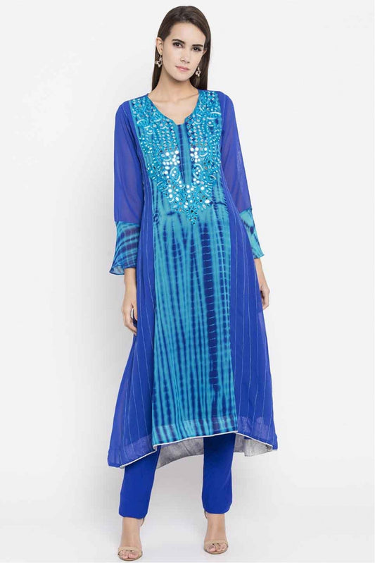 Blue Colour Plus Size Faux Georgette Embroidery Kurti