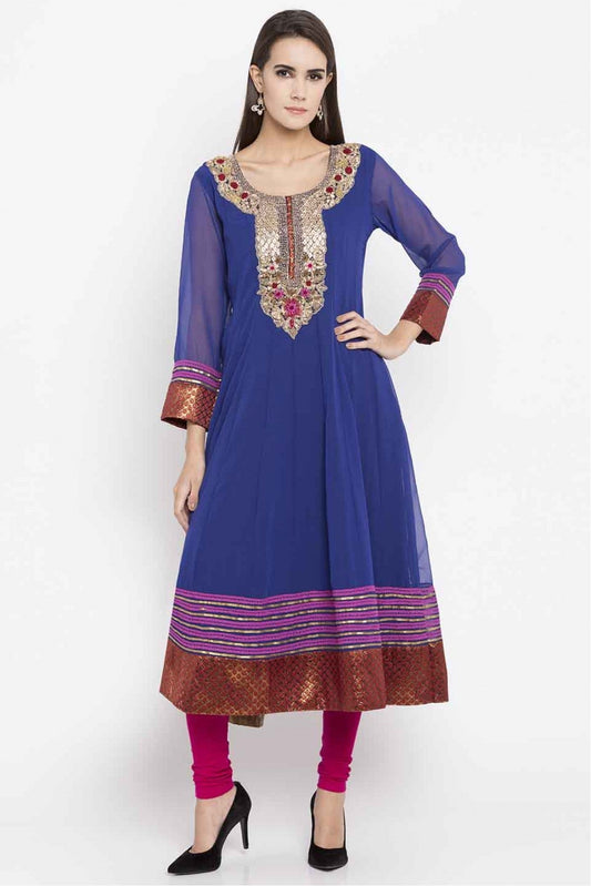 Blue Colour Plus Size Faux Georgette Embroidery Kurti
