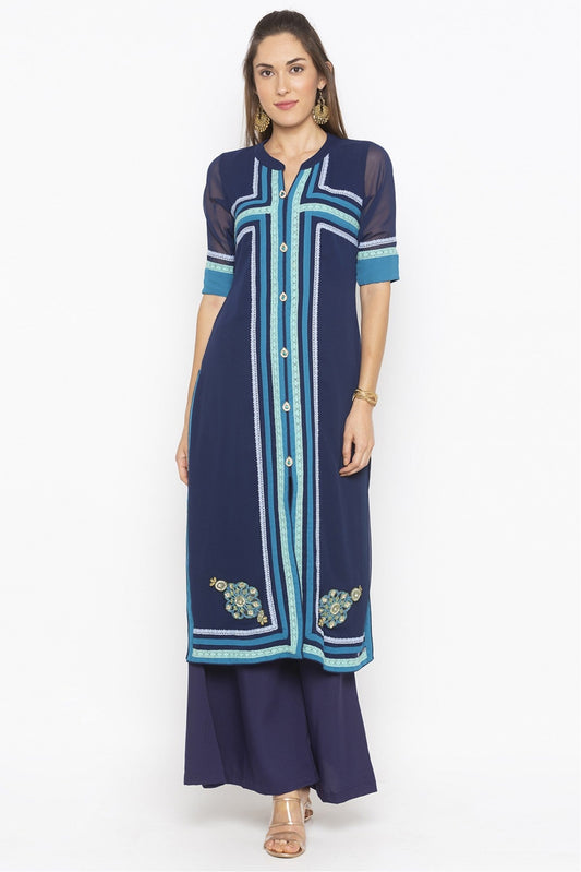 Blue Colour Plus Size Georgette Embroidery Kurta Set VSKR1070524