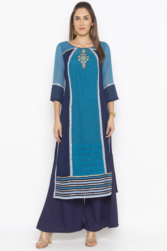 Blue Colour Plus Size Georgette Embroidery Kurta Set VSKR1070617