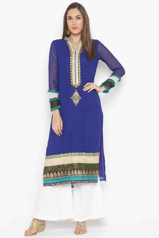 Blue Colour Plus Size Georgette Embroidery Kurti