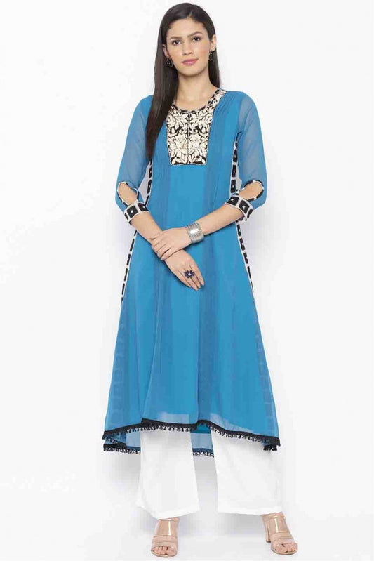 Blue Colour Plus Size Georgette Embroidery Kurti