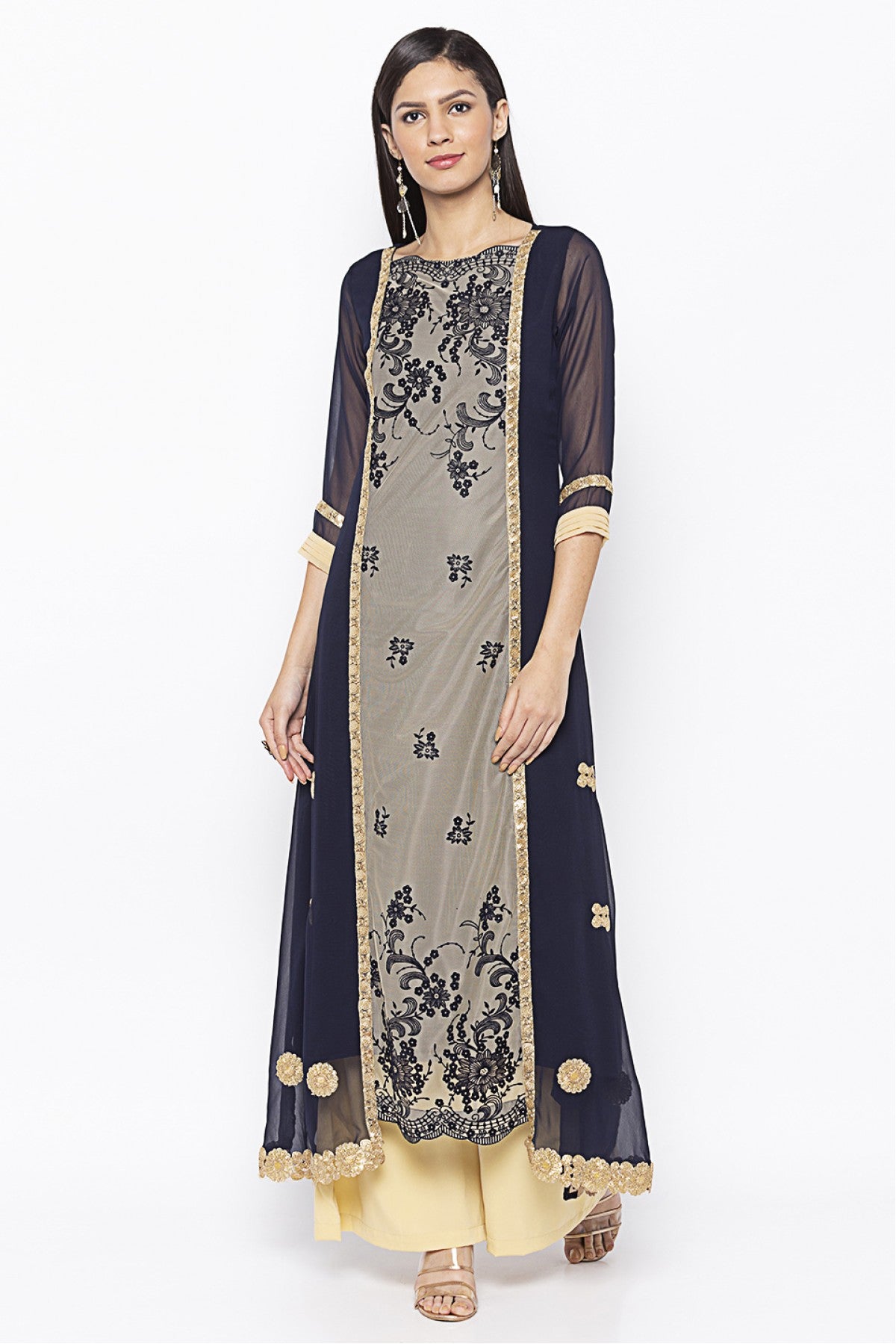 Blue Colour Plus Size Net Embroidery Kurta Set