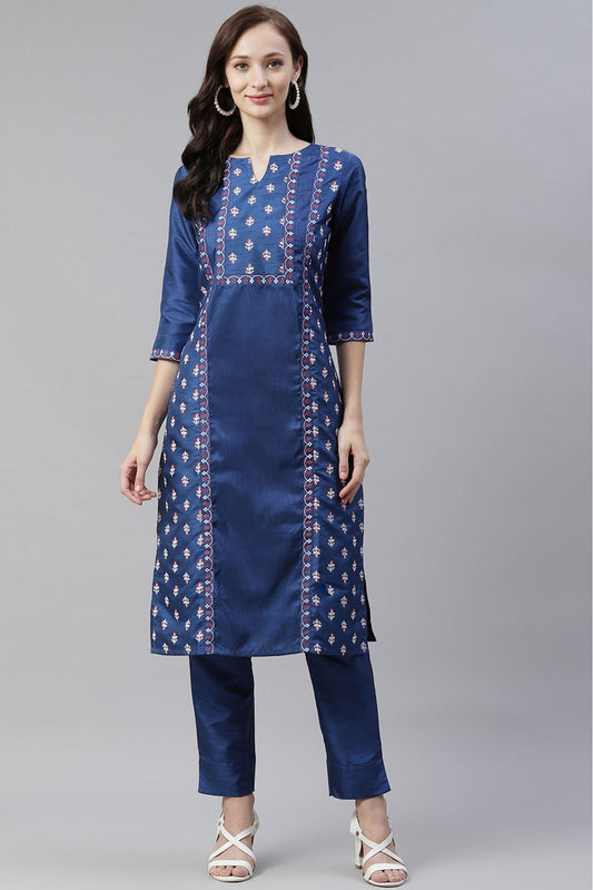 Blue Colour Plus Size Poly Silk Foil Print Kurti With Pant Set VSKR1060088