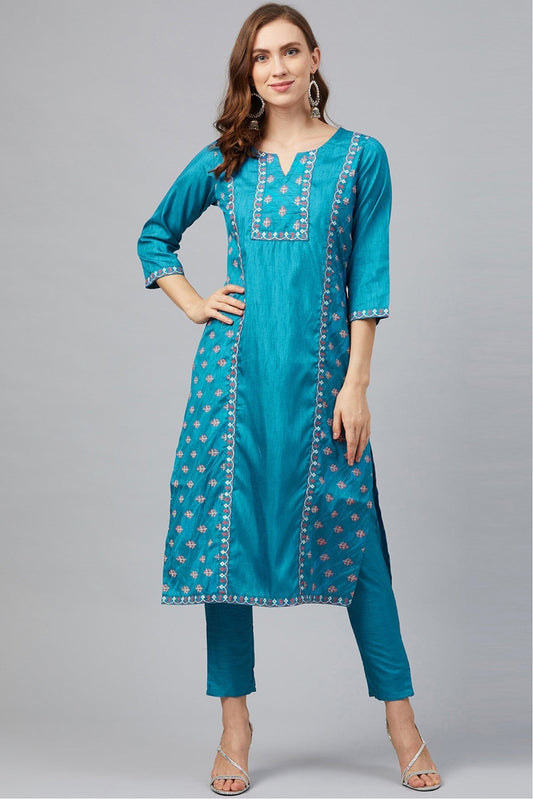 Blue Colour Plus Size Poly Silk Straight Kurta Pant Set VSKR1060137