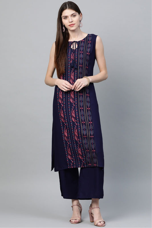 Blue Colour Plus Size Rayon Straight Kurta Palazzo Set VSKR1060014