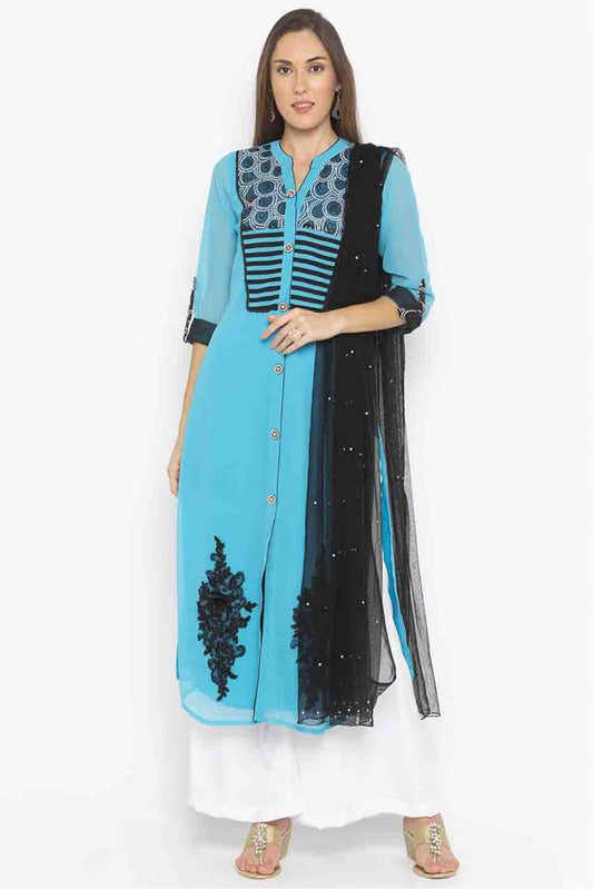 Blue Colour Plus Size Stitched Georgette Embroidery Palazzo Pant Suit VSSS1070196