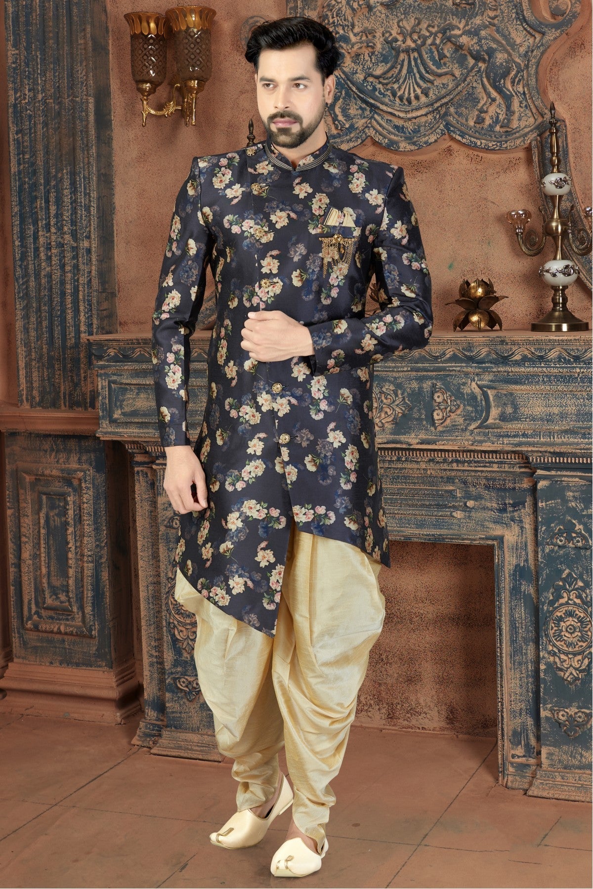 Blue Colour Silk Party Wear Dhoti Sherwani VSSH1040233