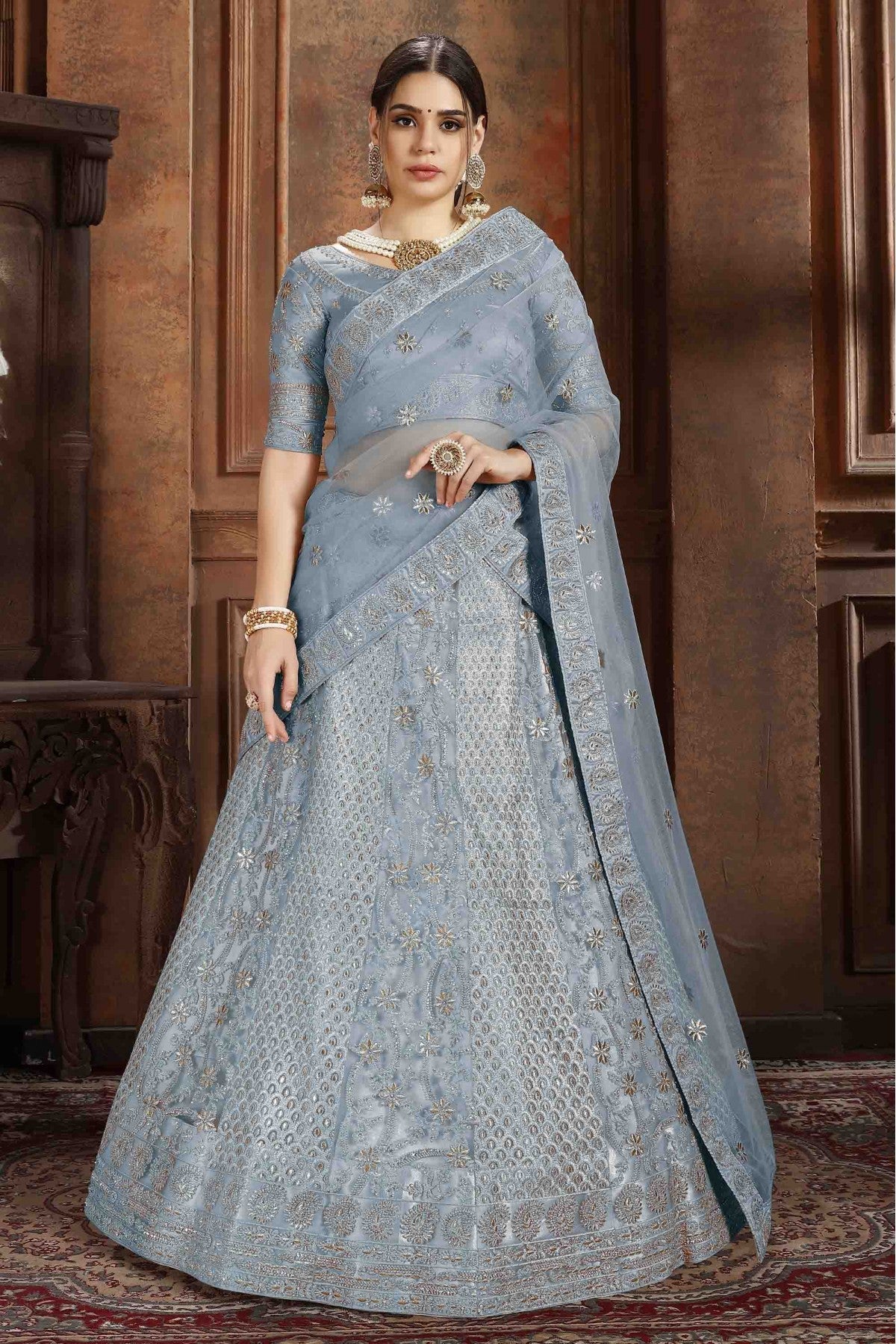 Blue Colour Soft Net Embroidery Lehenga Choli VSLC1080071