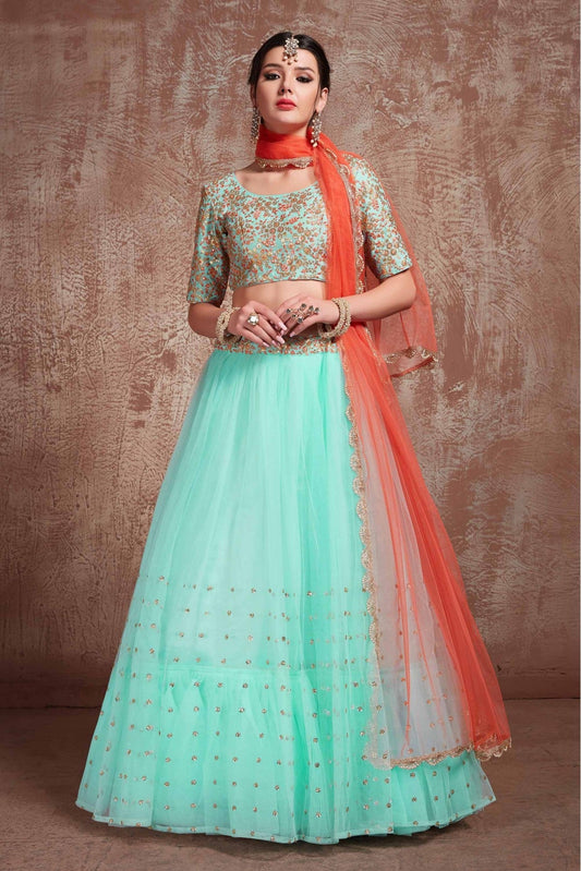 Blue Colour Soft Net Sequins Work Lehenga Choli VSLC1080416