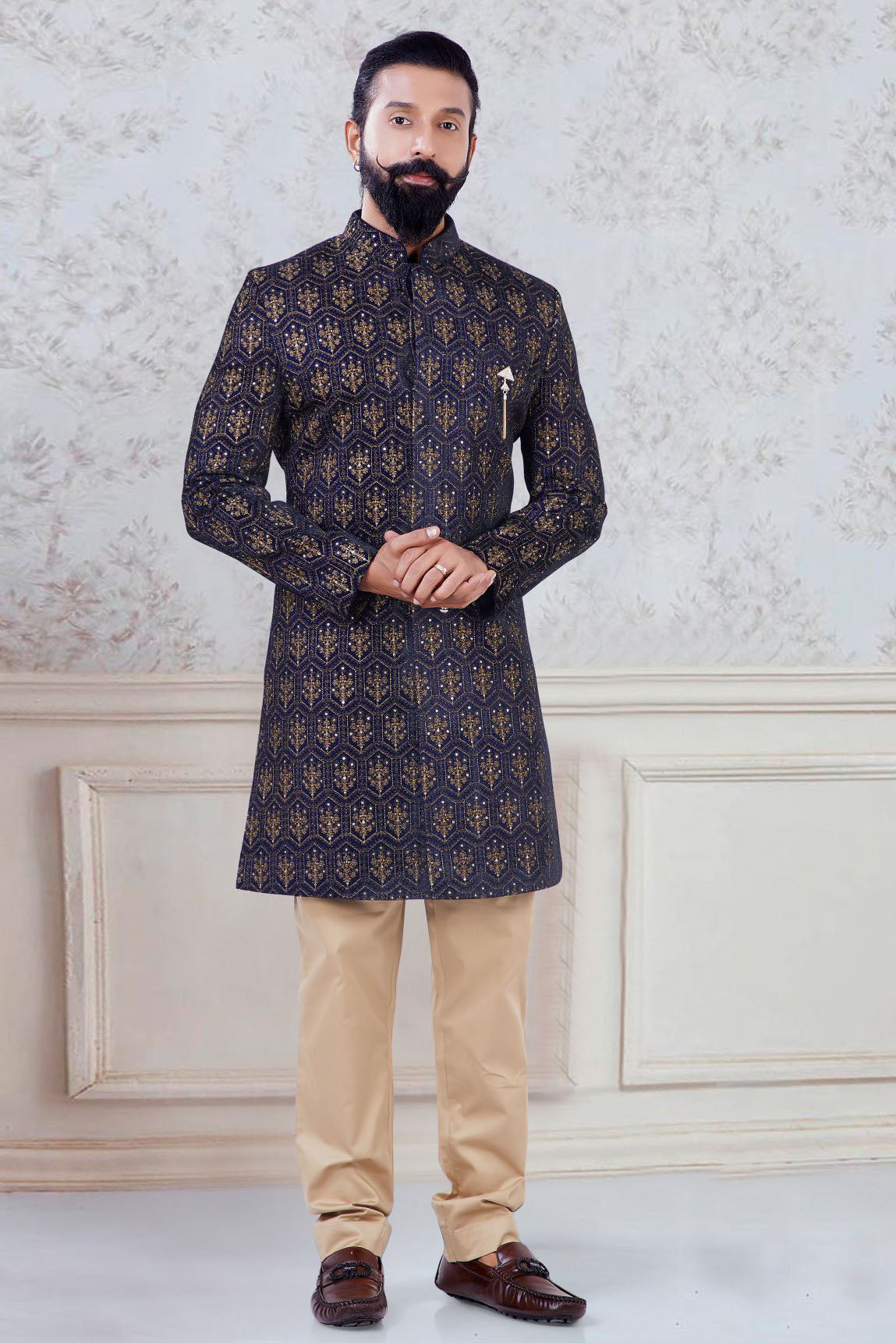 Blue Colour Velvet Indo Western Sherwani VSSH1130041