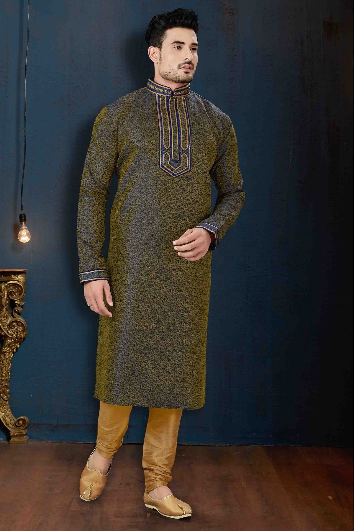 Blue and Gold Colour Kurta Pajama In Jacquard Fabric VSKP1040073