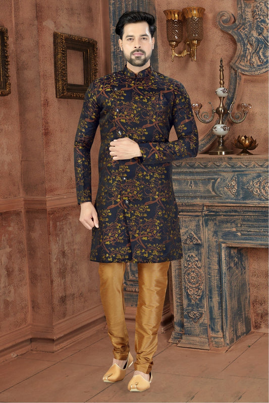 Blue and Yellow Colour Jacquard Party Wear Sherwani VSSH1040237