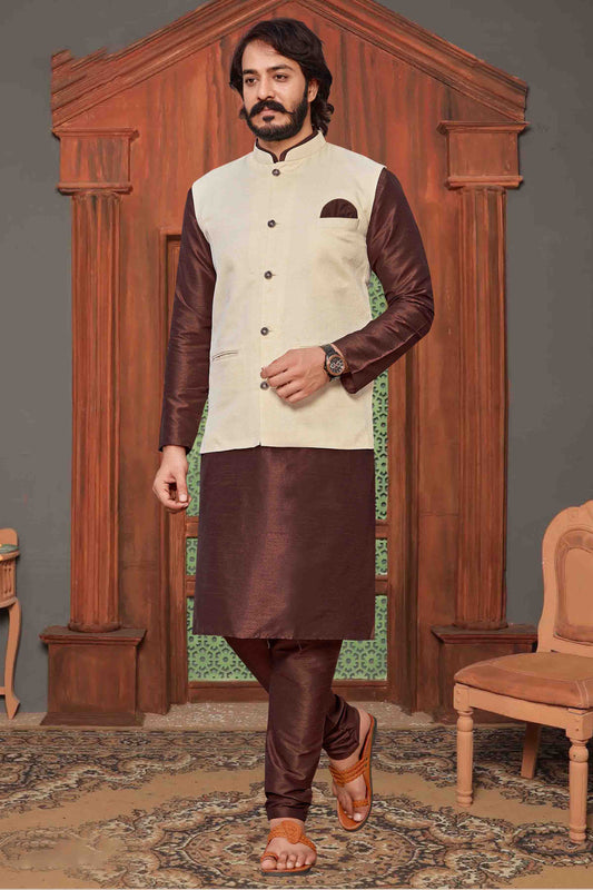 Brown Colour Kurta Pajama With Jacket In Art Silk VSKP1210303