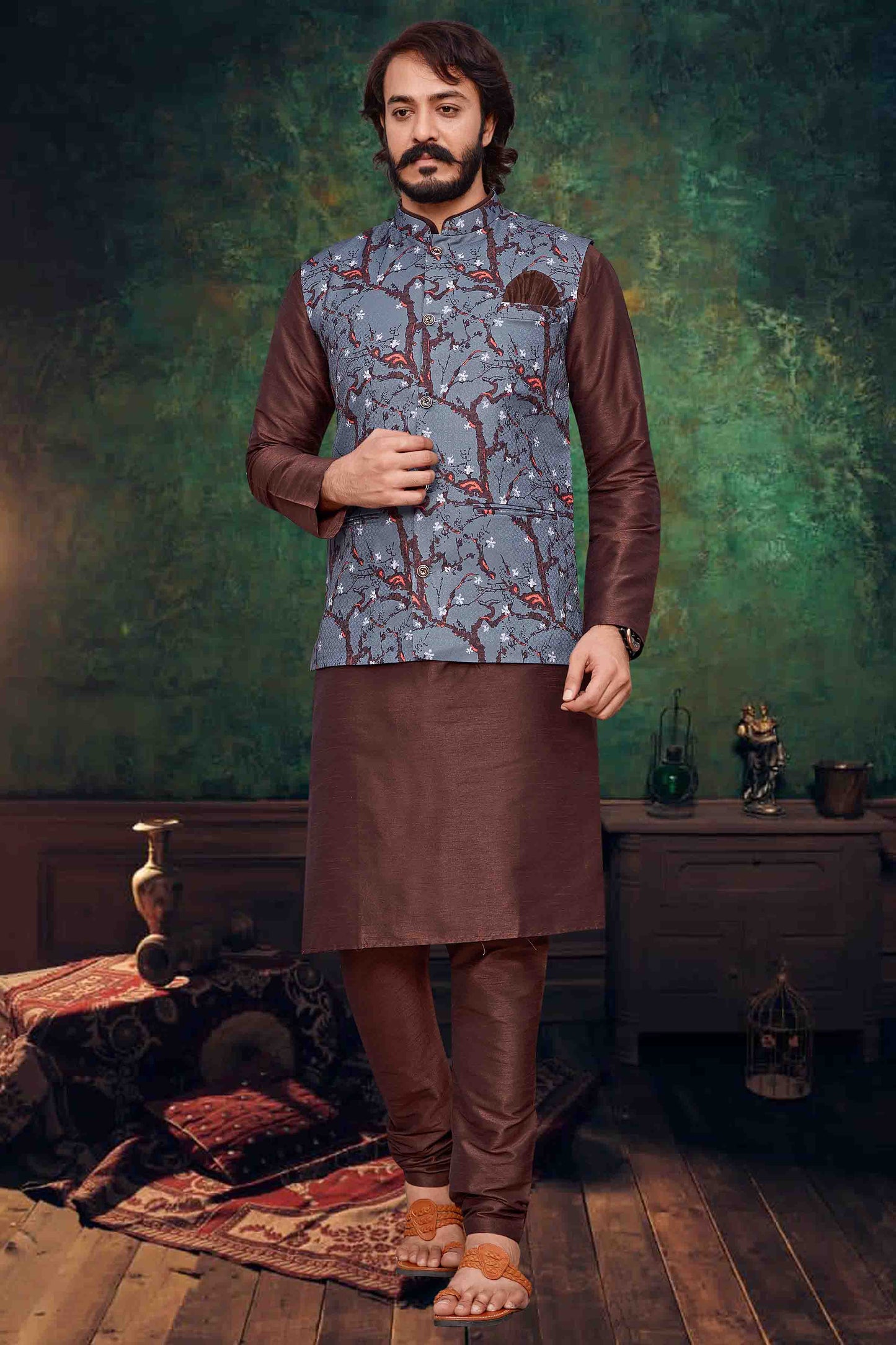 Brown Colour Kurta Pajama With Jacket In Art Silk VSKP1210316